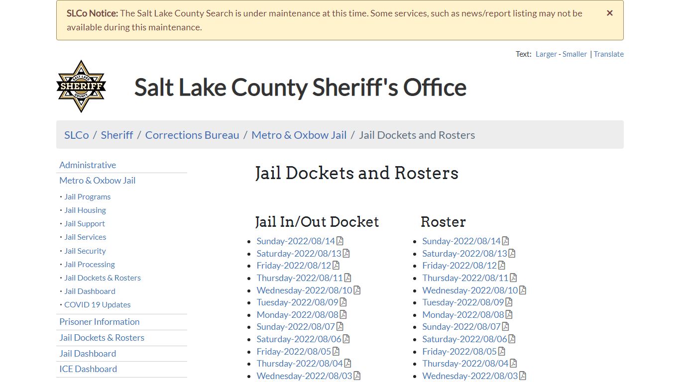 Jail Dockets and Rosters - Salt Lake County, Utah